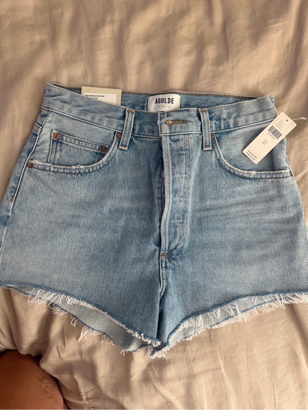 Agolde Light Blue Frayed High-Rise Denim Shorts